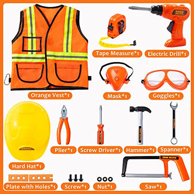 Construction worker costume role play tool toy set, with hard hat, goggles, types of toy tools, for architecture role play, Halloween party, carnival and birthday