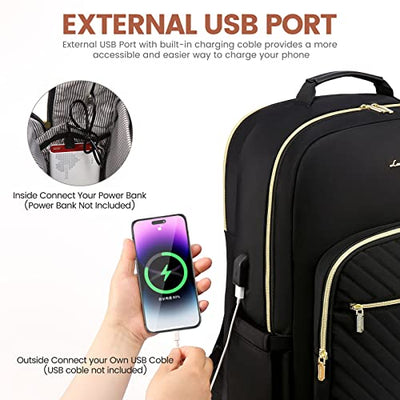 Backpack, Large 15.6 Inch Laptop Bag Backpacks Waterproof School Backpack Teen Daypacks Black with USB Charging Port, Elegant Backpack Work Bag for School Uni