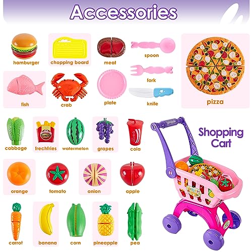 31 Piece Shopping Cart Kitchen Toy for Kids Cutting Fruit Vegetable Food Toy Shop Accessories Role Playing