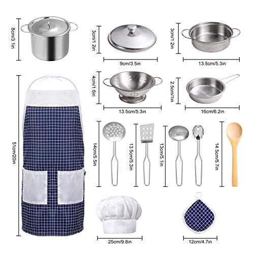 Kitchen Toy Accessories Kids Kitchen Cookware Stainless Steel Pan Set Apron and Chef Hat for Vegetables Pretend Toy Role Playing Games