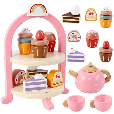 Tea set children with dessert, tea set wooden toys, tea party play kitchen role play, kitchen games