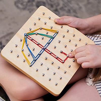 Wooden Geoboard - Toy, Geometry Educational Toy Geoboard Primary School, 30 Pattern Cards, 40 Rubber Bands for Creating Figures & Shapes