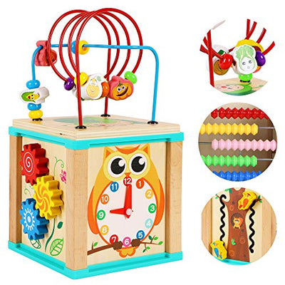 Motor Activity Cube Beads Maze Wooden Toy Activity Cube for Babies Wooden Motor Loop-5 Activities Counting Rollercoaster Beads Maze-Early Learning Toy