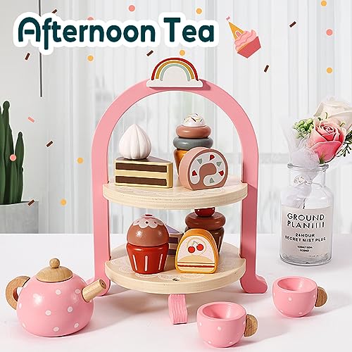 Tea set children with dessert, tea set wooden toys, tea party play kitchen role play, kitchen games