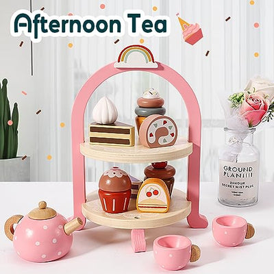 Tea set children with dessert, tea set wooden toys, tea party play kitchen role play, kitchen games