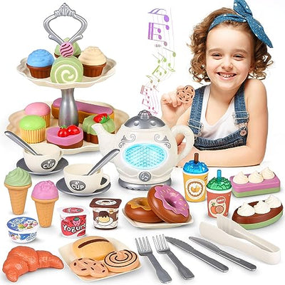 Tea set kids, tea toys with tea set, sound and light teapot, pastry cake cookies, kids kitchen play accessories