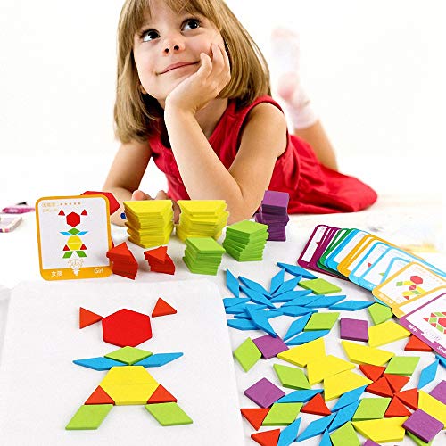 Children Geometric Shapes Wooden Puzzles - Toy puzzle with 155 geometric shapes and 24 design cards