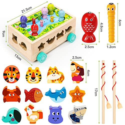 Jouets dès 1 an | Jeu de pêche magnétique Jouet en bois | Jouet de motricité 6 en 1 Jouet éducatif | Jouet de tri et d'empilage