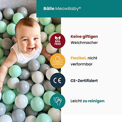 Ball pool baby - square 90x90x40cm baby pool for children with 200 balls, cotton, light gray: White/Gray/Mint