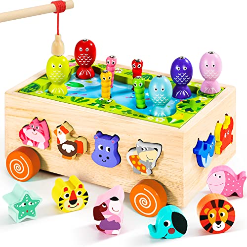 Jouets dès 1 an | Jeu de pêche magnétique Jouet en bois | Jouet de motricité 6 en 1 Jouet éducatif | Jouet de tri et d'empilage