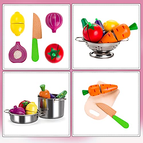 Accessoires de jouets de cuisine, accessoires de cuisine pour enfants en bois, accessoires de cuisine de jeu, jouets alimentaires, ensemble de poêles en acier inoxydable, tablier de poupée, casseroles de cuisine, jeux de rôle 