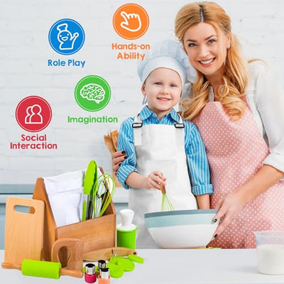 Children's Kitchen Accessories, Wooden Toy with Chef's Hat, Apron, Child Safety Knife, Shapes