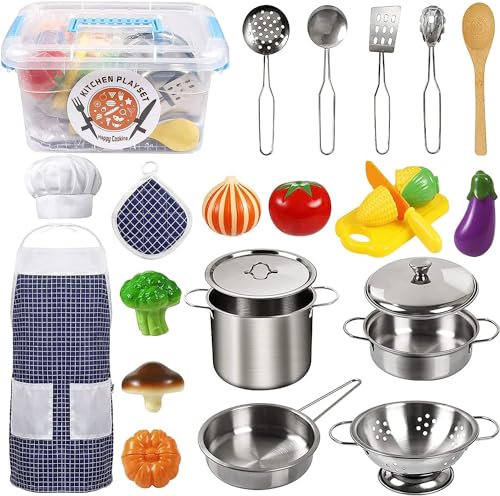 Kitchen Toy Accessories Kids Kitchen Cookware Stainless Steel Pan Set Apron and Chef Hat for Vegetables Pretend Toy Role Playing Games