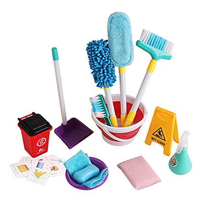 Household cleaning playset with a broom, ONE trash can, a warning sign and many more accessories