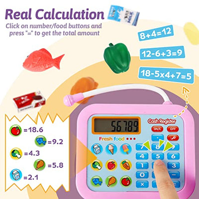 Kids Cash Register Toy, Electronic Cash Register Toy with Rotating Console, Shopping Store Accessories Cash Register with Scanner Microphone Calculator Function