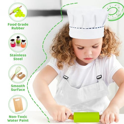 Children's Kitchen Accessories, Wooden Toy with Chef's Hat, Apron, Child Safety Knife, Shapes