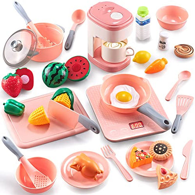 Kids Kitchen Accessories Kitchen Toy Set, 36-Piece Kids Kitchen Play Kitchen Accessories with Coffee Maker, Food Toy and Cookware