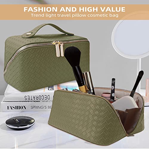 Cosmetic bag, travel makeup bag with handle and dividers, portable waterproof leather toilet bags for travel, vocation etc. (braid series, olive green)