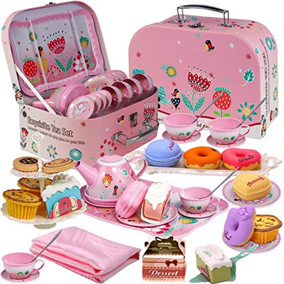 Tea set children's, pewter teapot, dessert toy, cookies, donut, cake, tablecloth and carrying bag