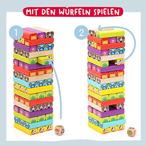 Educational children's game from 3 years - Wobble tower 4 in 1 made of wood with colors and animals