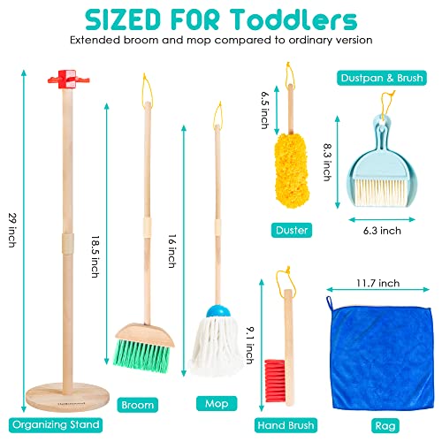 Kids wooden cleaning set, 8 piece household toys role play set including broom mop dustpan brushes rags hand brush stand