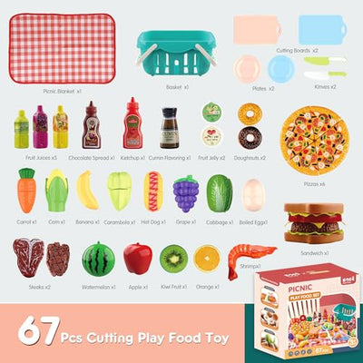 Kids Kitchen Play Kitchen Accessories, 67PCS Kids Kitchen Accessories with Velcro Connection Fruit Vegetable Food Set for Role Playing, Kitchen Toy Educational Toy