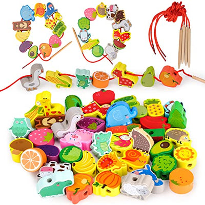 Wooden toy threading game learning game toy wooden beads fruit animal number alphabet