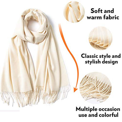 Scarf Warm Winter Autumn Plain Cotton with Tassels/Fringes, 40+ Colors Solid & Plaid Pashmina xl Scarves Cream White NOT Pure White