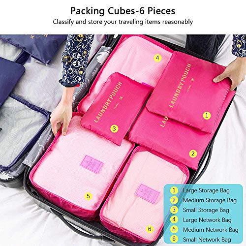 Organisateur de valise, 8-en-1 Set Organisateur de bagages, Sacs de vêtements de voyage imperméables comprenant 2 sacs à chaussures, 3 cubes d'emballage et 3 sacs de rangement, pour les vêtements, les chaussures, les cosmétiques, Rose Red