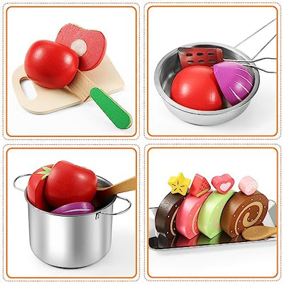 Kids Kitchen Accessories Wood Play Kitchen Kids Toy Simulation Food Toy Stainless Steel Pot Cooking Apron Set Play Kitchen Accessories Cosplay Toy Small