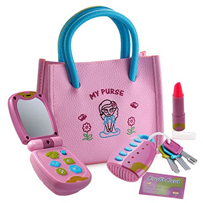 Princess set with purse, flip phone, light up remote control with keys, play lipstick, kids credit card - role play toys