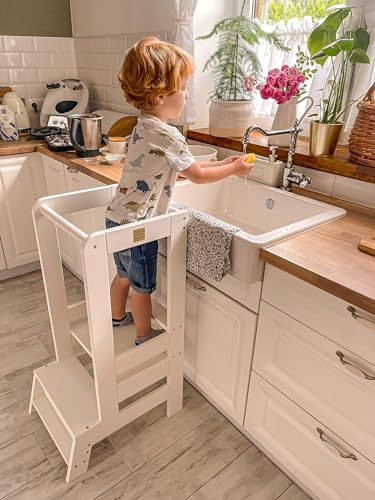 Learning Tower for Kids - Baby Adjustable Learning Tower Natural Wood, Toddler Stable Learning Chair for Kitchen, Babies Safe and Practical Kitchen Tower, Grey