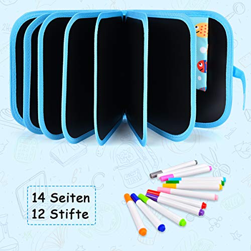 Coloring book for kids with 12 color pencils, sketchbook, graffiti book, Reusable, Portable, Wipeable, 14 pages