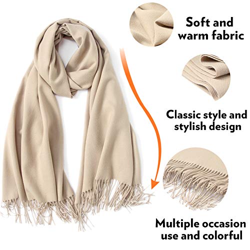 Scarf Warm Winter Autumn Plain Cotton with Tassels/Fringes, 40+ Colors Solid & Plaid Pashmina xl Scarves Cream Brown