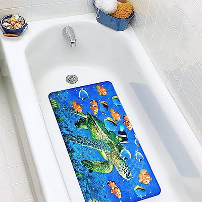 non-slip bath mat for children, PVC bath mat shower mat with powerful suction cups massage function baby bath mat  (sea turtle)