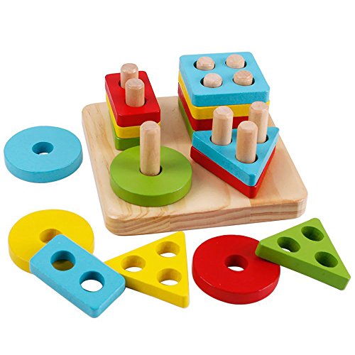 Wooden Puzzles Kids Toddler Geometric Stacking Game Colors and Shapes Sorting Game