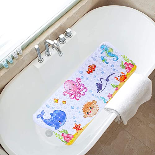 Bath Mat for Tub for Kids Cartoon Anti Slip Baby Bath Mat Extra Long Anti Slip Bathroom Toddler Shower Floor Mat with Suction Cups Drainage Holes