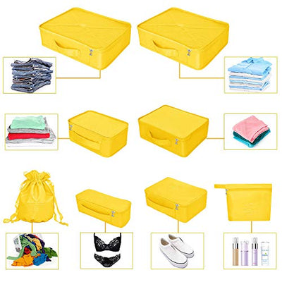 Organisateur de valise, sacs à vêtements pour le voyage, 8 pièces, 7 couleurs, organisateur de bagages de voyage incluant un sac de rangement de chaussures imperméable, sacs de compression pratiques pour les voyageurs Jaune