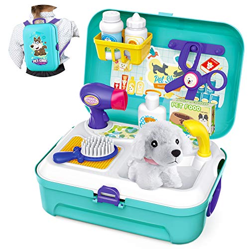 Veterinarian playset dog salon pet setting in suitcase small backpack role play toy with 16 pieces