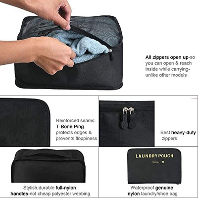 Suitcase Organiser, 8–in–1 Set Luggage Organiser, Waterproof Travel Garment Bags Includes 2 Shoe Bags, 3 Packing Cubes and 3 Storage Bags, for Clothes, Shoes, Cosmetics