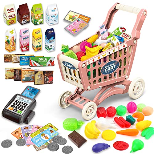 Kids Shopping Cart Cart for Food Toddlers 65 Food Fruits Vegetables Pretend Play Food Role Play Educational Toy Play Kitchen Toy Store Playset