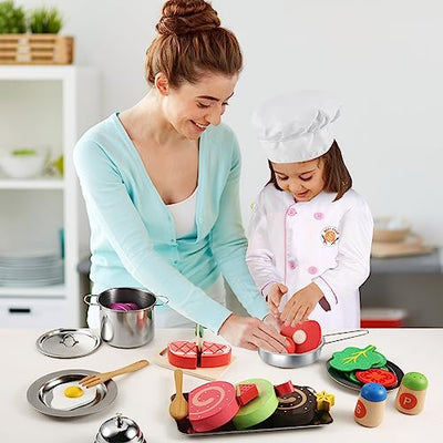 Kids Kitchen Accessories Wood Play Kitchen Kids Toy Simulation Food Toy Stainless Steel Pot Cooking Apron Set Play Kitchen Accessories Cosplay Toy Small