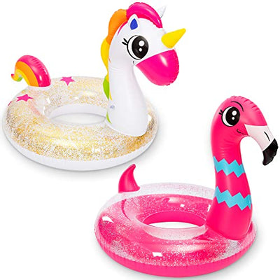 Inflatable Unicorn & Flamingo Pool Float with Glitter 35.5" (2 Sets)