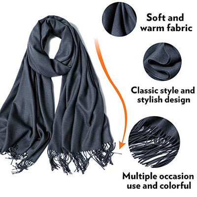 Scarf Warm Winter Autumn Plain Cotton with Tassels/Fringes, 40+ Colors Plain & Plaid Pashmina xl Scarves Dark Gray