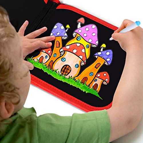 Wipeable coloring book for kids, portable kids coloring book 14 pages reusable drawing board with 12 color pencils - dinosaur