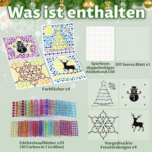 Edelstein-Kunst-Kit für Kinder, 4 Weihnachts-Thema Fenster Kunst, Sonne Edelstein-Kits für Kind