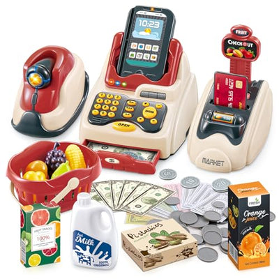 Spielset- Supermarktkasse mit Scanner, Kreditkarte, Spielzeuglebensmittel, Spielgeld und