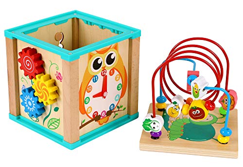 Motor Activity Cube Beads Maze Wooden Toy Activity Cube for Babies Wooden Motor Loop-5 Activities Counting Rollercoaster Beads Maze-Early Learning Toy