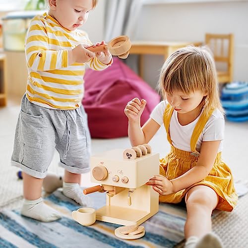 Hölzerne Kaffeemaschine mit Dreh- und Druckknöpfen, ideales Zubehör für die Kinderküche