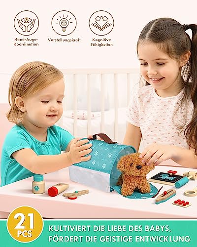 Doctor case kids wood, vet toy kids with dog model, doctor case kids with doctor coat and hat, vet case for kids role play